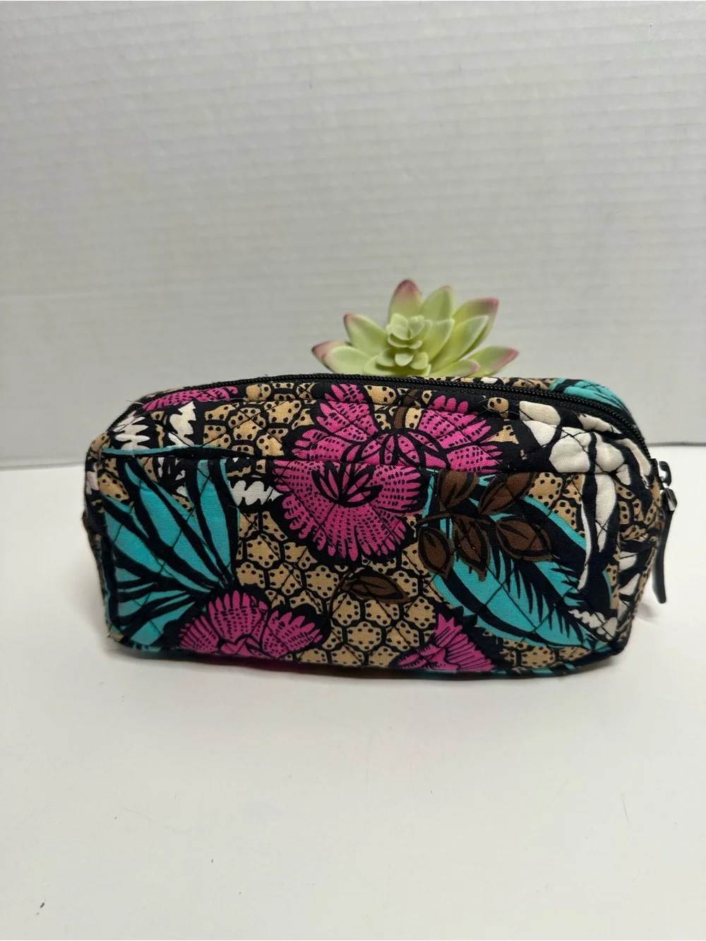 Vera Bradley Quilted Cosmetic Case in Pink Teal Cream Leaf Print